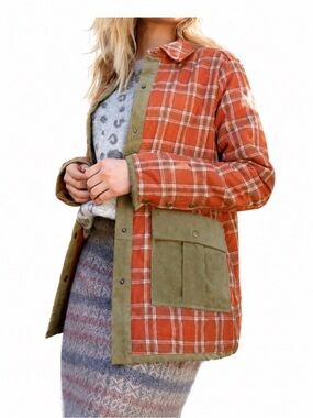 Hem & Thread Women's Rust Plaid Olive Quilted Jacket Oversized Medium